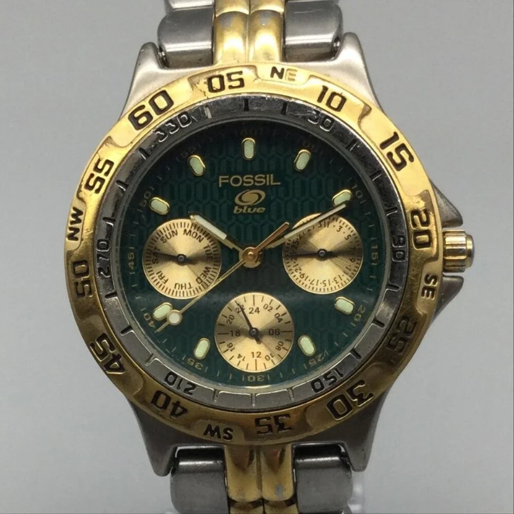 Fossil Blue Mens Watch 35mm Green Dial Two Tone Stainless Quartz 100M Sport WR